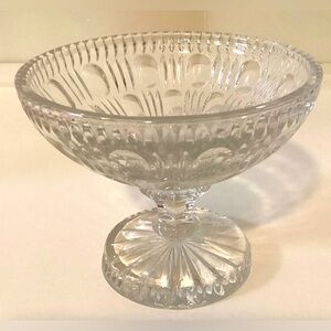 VTG Clear Crystal Pedestal Compote, Teardrop Thumbprint, Starburst Base